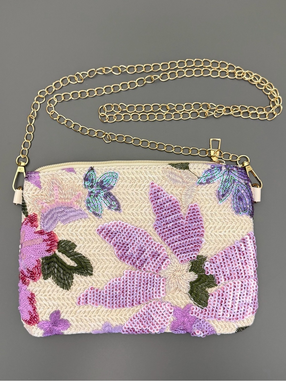 New Floral Sequin Straw Clutch Crossbody Bag Embroidered Raffia Evening
